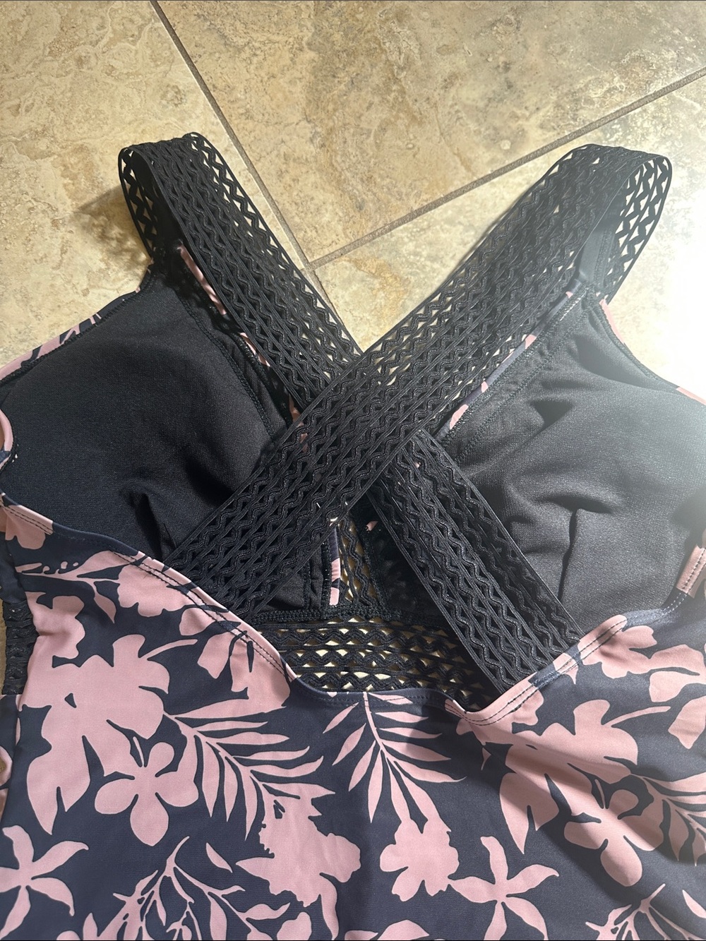 Black & Pink mauve Floral One-Piece Swimsuit with Crochet Detail - Picture 3 of 4